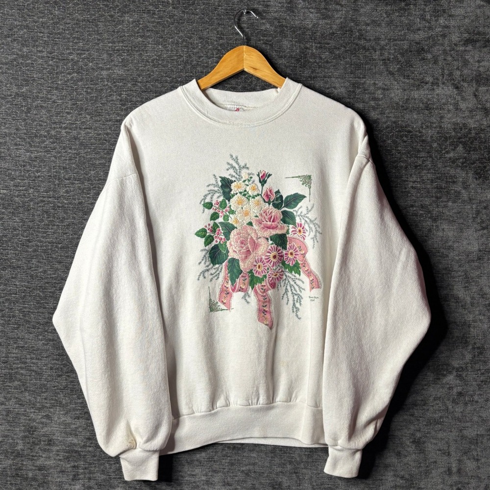 Vintage 90s Jerzees Morning Sun Grandma Floral Rose Sweatshirt White Large